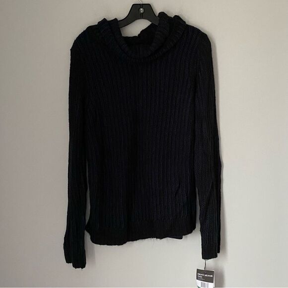 DKNY Women’s Cowl Neck Ribbed Knit Navy Blue and Black Sweater size L - Picture 1 of 3